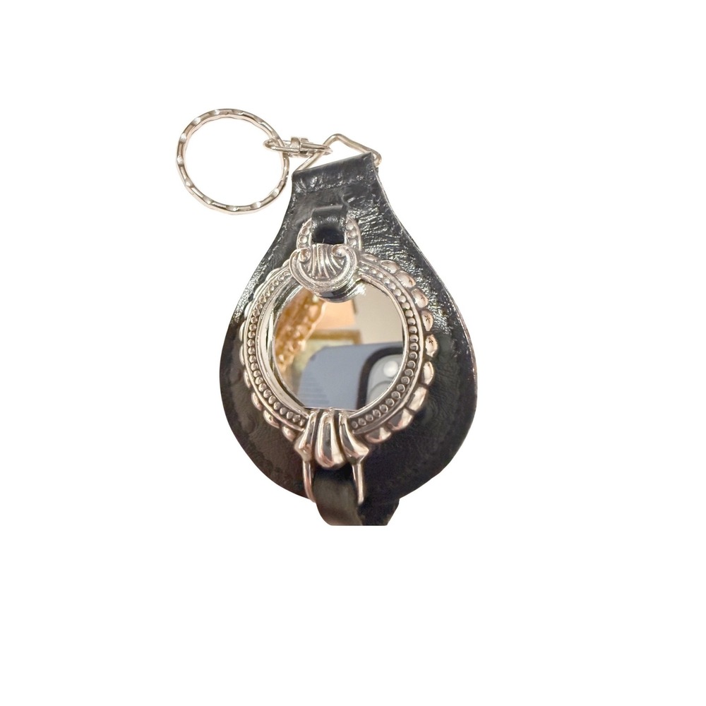 Stony Leather Keychain Fob Mirror Black Silver Tone